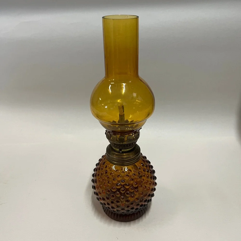 Vintage Amber Glass Hobnail Miniature Oil Lamp 8 1/4